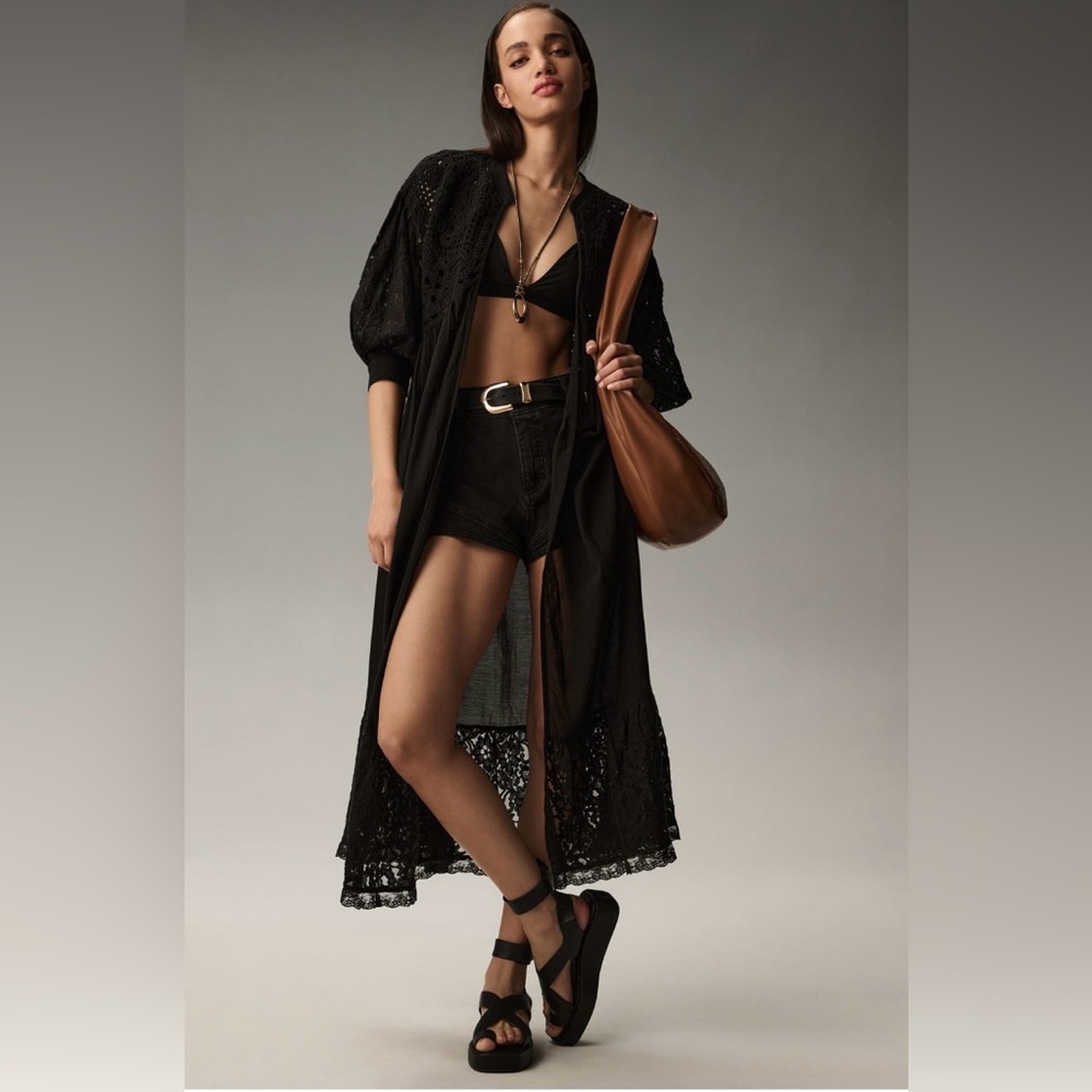 By Anthropologie Mixed Black Lace Long Maxi Duster Cardigan